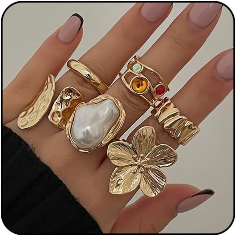 Chunky Gold Rings For Women - Non Tarnish Stackable Flower & Pearl Set 6pcs